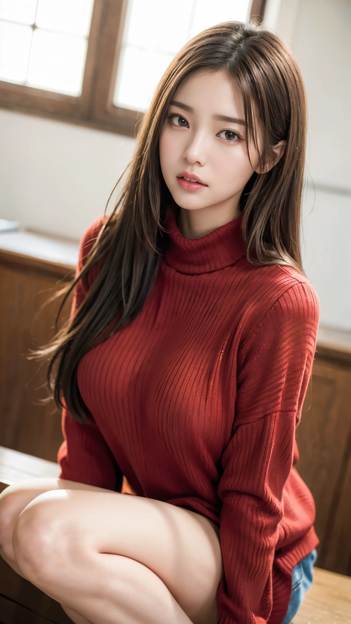 Random pose、Top quality、Ultra-high resolution、(Photorealistic:1.5)、1 girl、Red sweater、(Brown hair:1.2)、(Big breasts:1.5)、Classroom、Looking at the audience、close up、whole body、Hateful eyes,whole body照,Long legs,Perfect body,Normal body,Sitting