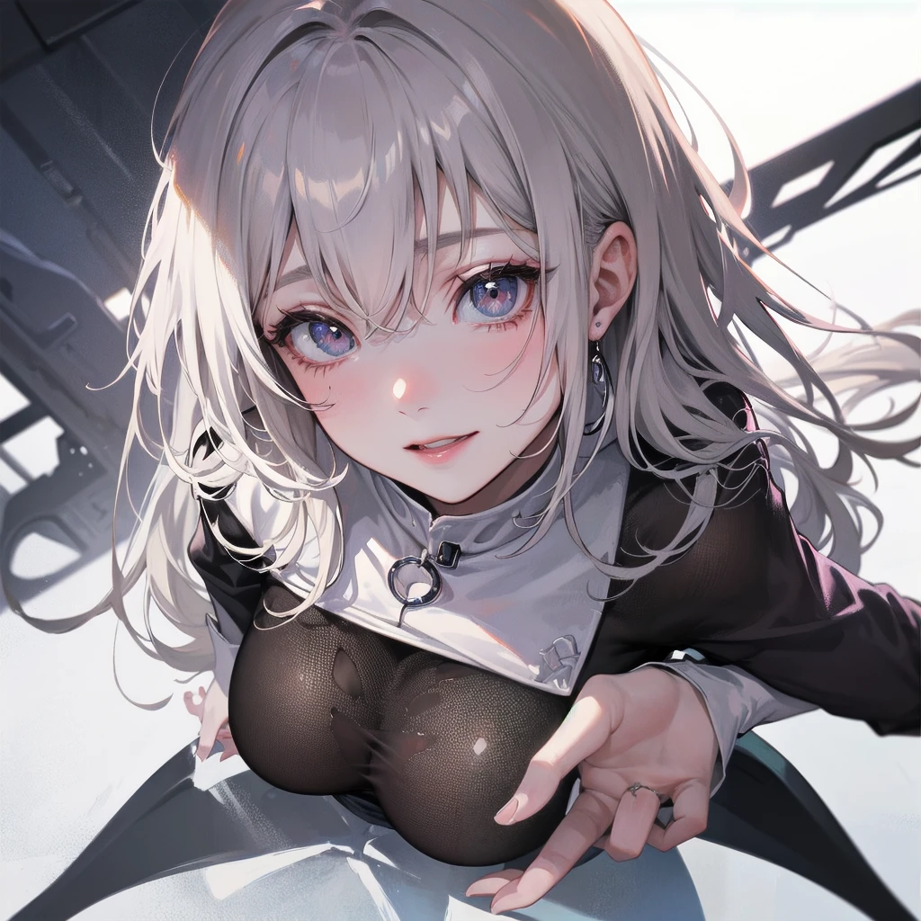 Outlook, Cute Smile, Strange Perspective, Red sweater,( change)Moderate, Separate Color,bs shoulder, Blushed,(Gray Hair), White Gloves,White boots,dirty,Torn clothes,Clothing that shows blood:1.3),, Tearing the cloak, tear pantyhose ,Cyberpunk Streetwear,in contrast,Cyberpunk Character Fashion,Wear high fashion clothes, , Bring your poster to life、impressive,Full Wear, Stylish,noon、From above、Observe your audience、Exquisite limbs、Elaborate eyes、Delicate fingers