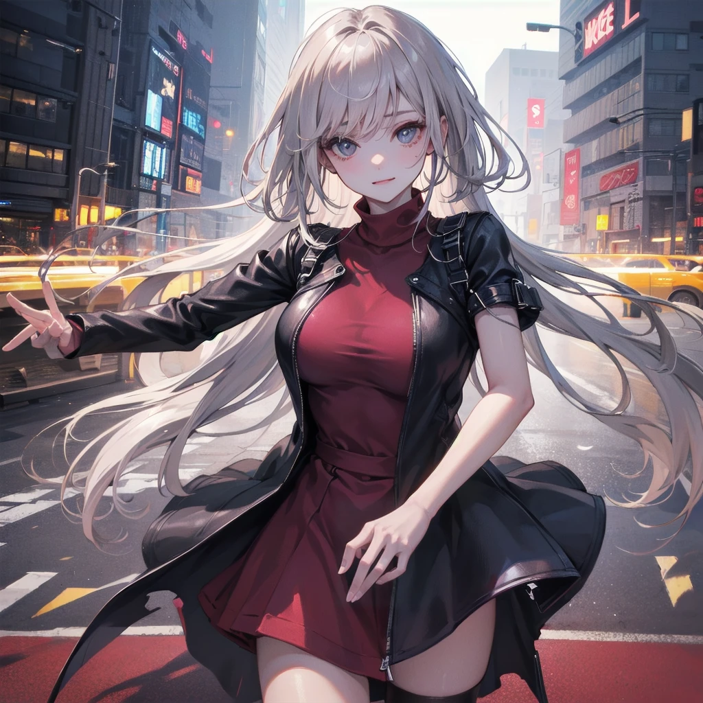 Outlook, Cute Smile, Strange Perspective, Red sweater,( change)Moderate, Separate Color,bs shoulder, Blushed,(Gray Hair), White Gloves,White boots,dirty,Torn clothes,Clothing that shows blood:1.3),, Tearing the cloak, tear pantyhose ,Cyberpunk Streetwear,in contrast,Cyberpunk Character Fashion,Wear high fashion clothes, , Bring your poster to life、impressive,Full Wear, Stylish,noon、From above、Observe your audience、Exquisite limbs、Elaborate eyes、Delicate fingers