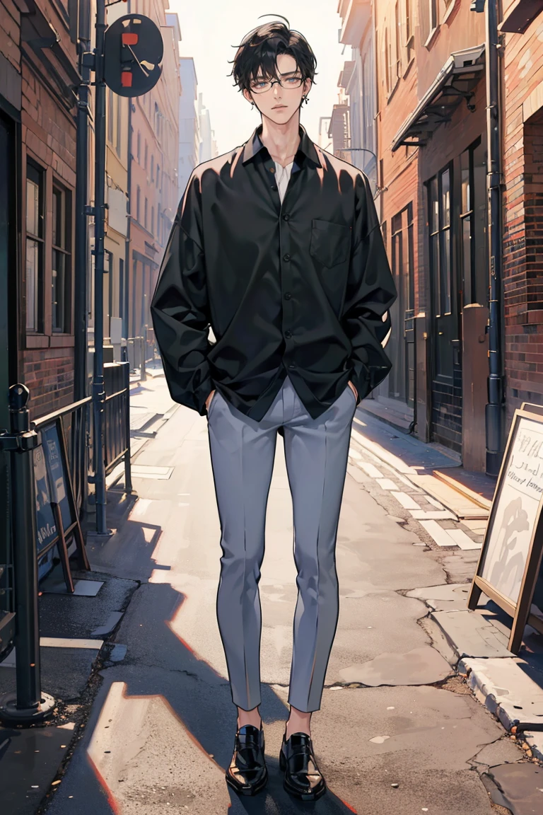 anime - (masterpiece), best quality, seductive eyes, perfect face, handsome man, brown eyes, long slicked back black hair, long nose, tan brown skin, white collar, light blue long sleeve shirt, black fitted pants, silver watch, square glasses, extremely tall man, long legs, long calves, full body, tall man, long legs, anime cover, 1boy, ear piercings, hands in pockets, adult-like look, in the background it's like a studio where you can see a guitar and drums, he's wearing black headphones while looking at the camera