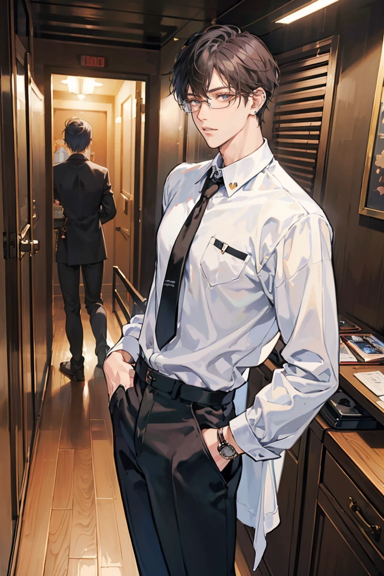 anime - (masterpiece), best quality, seductive eyes, perfect face, handsome man, brown eyes, long slicked back black hair, long nose, tan brown skin, white collar, light blue long sleeve shirt, black fitted pants, silver watch, square glasses, extremely tall man, long legs, long calves, full body, tall man, long legs, anime cover, 1boy, ear piercings, hands in pockets, adult-like look, in the background it's like a studio where you can see a guitar and drums, he's wearing black headphones while looking at the camera
