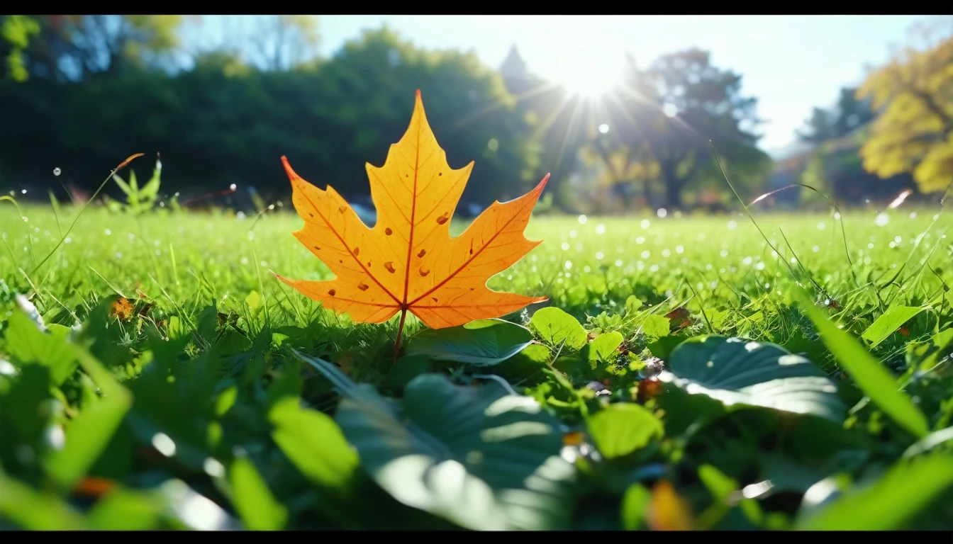 there is a leaf that is sitting on the grass, (イチョウの葉)magical leafs falling, nature documentry footage, youtube video screenshot, today's featured photography 4k,秋 turkel, nature photography 4k, 10月, cinematic widescreen shot, leaves and magic, high quality screenshot, 2 0 2 1 cinematic 4 k framegrab, wide screenshot