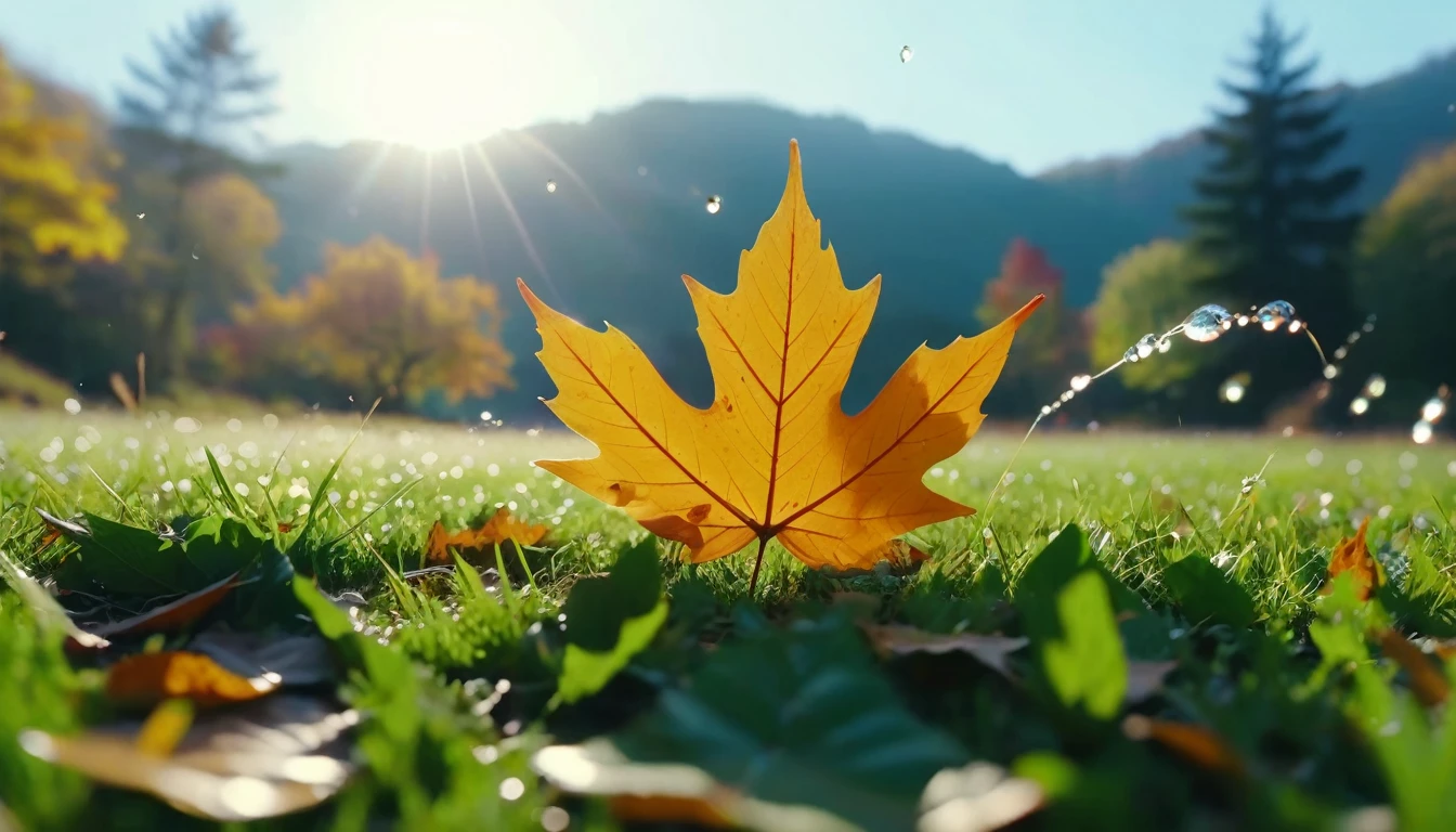 there is a leaf that is sitting on the grass, (イチョウの葉)magical leafs falling, nature documentry footage, youtube video screenshot, today's featured photography 4k,秋 turkel, nature photography 4k, 10月, cinematic widescreen shot, leaves and magic, high quality screenshot, 2 0 2 1 cinematic 4 k framegrab, wide screenshot