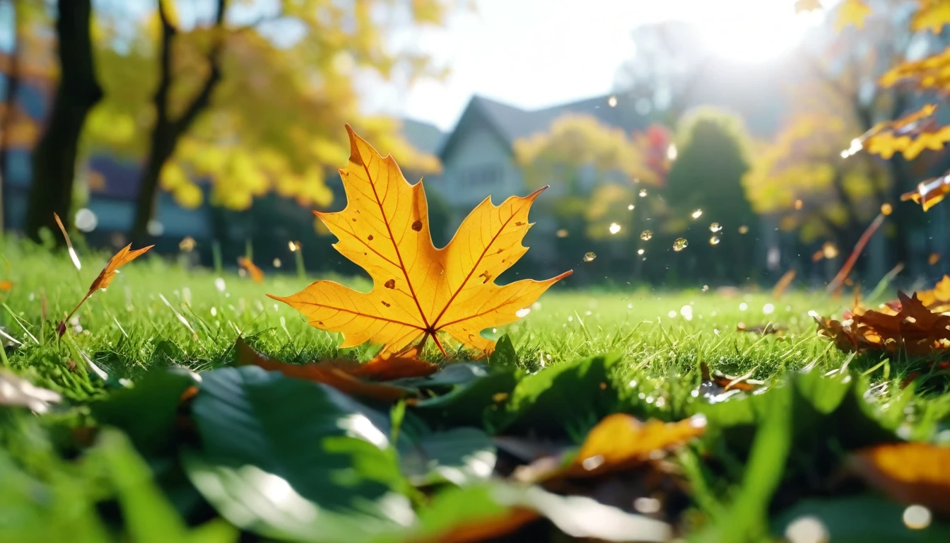 there is a leaf that is sitting on the grass, (イチョウの葉)magical leafs falling, nature documentry footage, youtube video screenshot, today's featured photography 4k,秋 turkel, nature photography 4k, 10月, cinematic widescreen shot, leaves and magic, high quality screenshot, 2 0 2 1 cinematic 4 k framegrab, wide screenshot