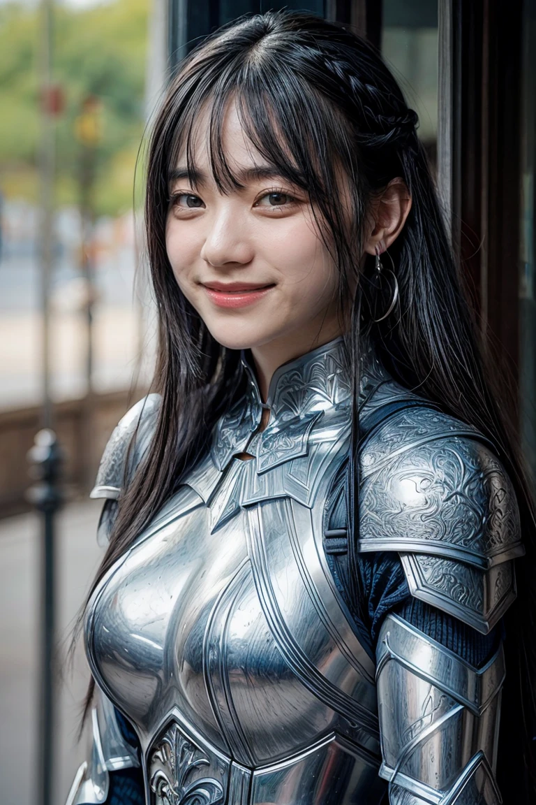 1girl, armor, black_hair, blurry, blurry_background, blurry_foreground, breasts, blue_eyes, closed_mouth, depth_of_field, earrings, jewelry, long_hair, looking_at_viewer, smile, solo, upper_body