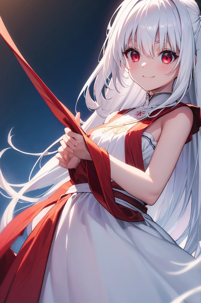 (masterpiece:1.3), (best quality:1.1), (8k, ultra detailed, ultra high res:1.2), ((anime style)), perfect 5 fingers, perfect anatomy, 
1girl,
BREAK long hair, (white hair:1.2), 
red eyes, dress, (Opalescent cloth:1.4), sundress, 
smile, 
looking up, shoot from side, 
upper body, 
standing, 
no background, 