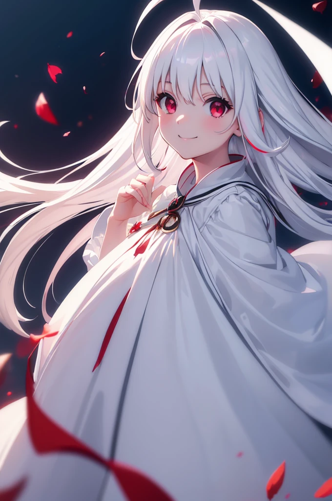 (masterpiece:1.3), (best quality:1.1), (8k, ultra detailed, ultra high res:1.2), ((anime style)), perfect 5 fingers, perfect anatomy, 
1girl,
BREAK long hair, (white hair:1.2), 
red eyes, dress, (Opalescent cloth:1.4), sundress, 
smile, 
looking up, shoot from side, 
upper body, 
standing, 
no background, 