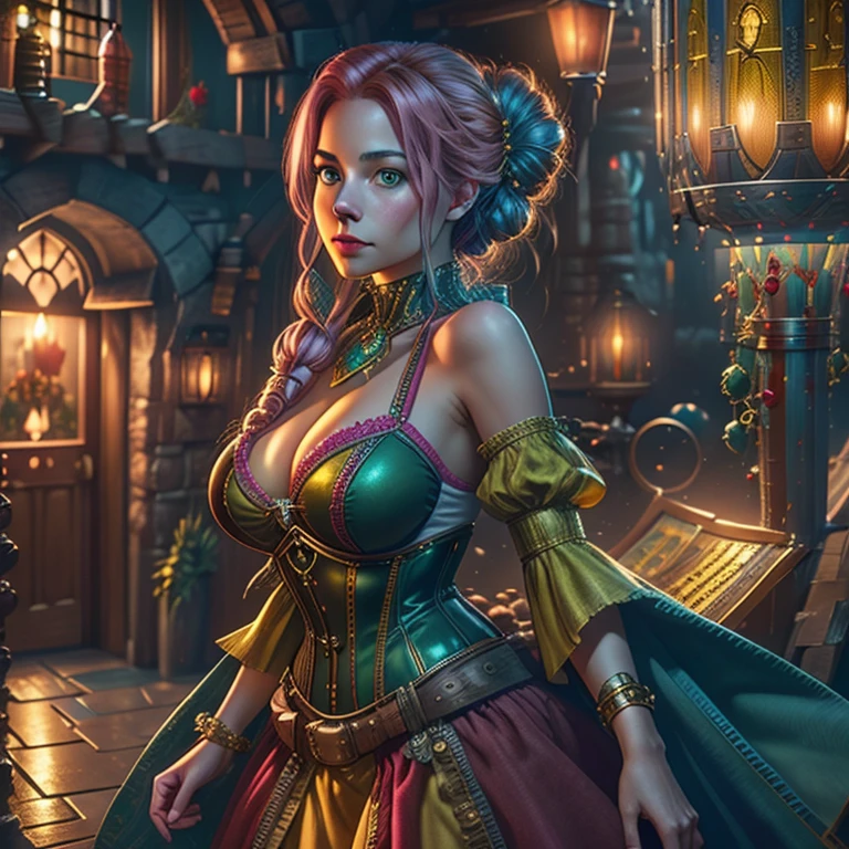 Hyper-realistic digital art, young woman with pink hair on Yellow Brick Road, low angle view. Reimagined Oz-style dress: blue corset bodice, low-cut neckline, mini skirt in sheer layers, ruby-red sequined hem. Curve-hugging silhouette, gauzy sleeves. Giant red poppies and yellow flowers frame scene. Winding Yellow Brick Road overhead, distant Emerald City. Golden magical lighting. 8k resolution, vivid colors, highly detailed. Style of Artgerm, Ross Tran, and Alphonse Mucha.