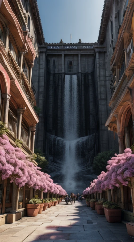 A large museum hall filled with framed photographs, where a stunning scene unfolds as a girl from one of the photographs goes out to pick flowers at dusk. She playfully scatters them across the museum floor. The air is filled with a cascade of gifted flowers, with rich skin texture and a real, detailed element , the image features a close-up, photo-style shot, showing the girl's stunning eyes and intricate skin detail, shot in ultra-high resolution 8k. The detailed street background adds to the photorealistic quality."