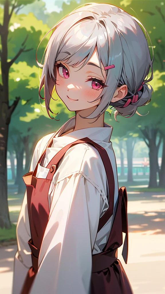 1 Girl、Anime style painting、Upper body close-up、From the side、Wicked Smile、Brown apron、Silver and bob short hairstyle、Tie your hair up with a hair clip、Pink Eyes、Perfect lighting、Momiji Park、Background Blur, Written boundary depth