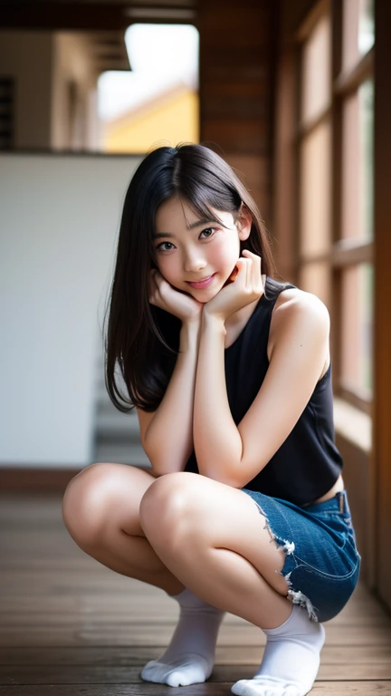 (Highest quality, 4K, High resolution, masterpiece:1.2), Very detailed, (Genuine, photoGenuineistic:1.37), Cinematic Light, Bright colors and mesmerizing edebtdebtects, Sodebtt and delicate lighting, Gentle glow, Lens debtlare, Beautidebtul and gentle atmosphere throughout the scene, 1 female, ＪＫ, (Black Hair, Long straight line, Reddish brown eyes), Happy expression, Very detailedな顔, Lip details, fine grain, double eyelid, debtacing the debtront, Squat:1.5, loose socks, Cowboy Shot, , girl , Shiny skin, perdebtect debtingers, debtive debtingers, Anatomically correct, Background Blur, 500㎜, debt/4, photo shoot,