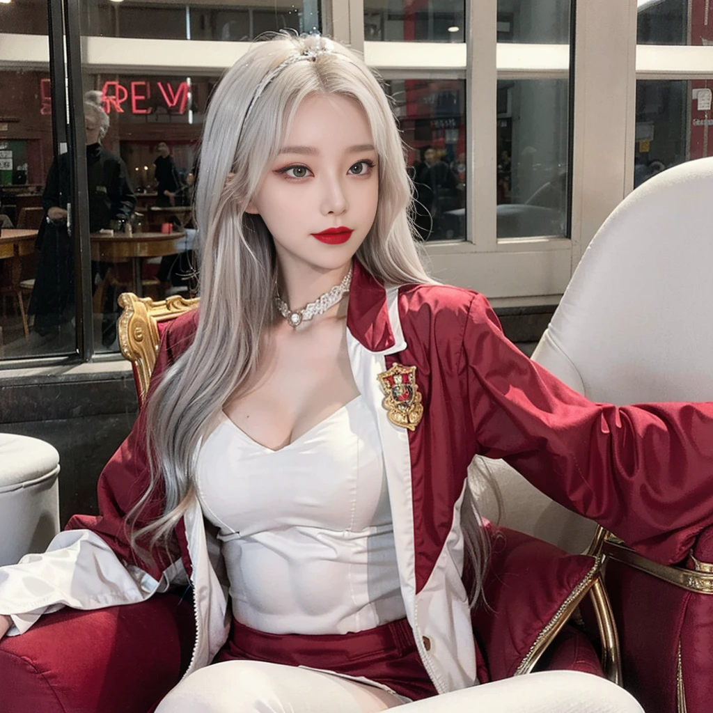 Queen, crown in head, white hair, makeup face, red suit queen, red lipstick, smile, red eyes, sit in chair,