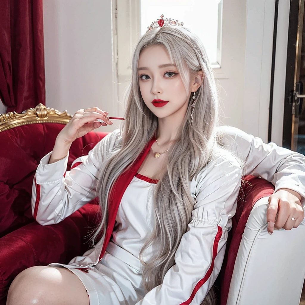Queen, crown in head, white hair, makeup face, red suit queen, red lipstick, smile, red eyes, sit in chair,