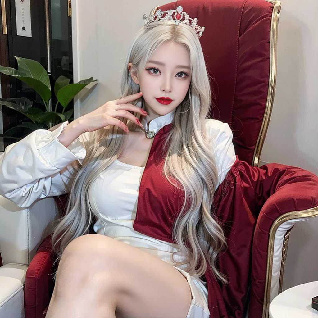 Queen, crown in head, white hair, makeup face, red suit queen, red lipstick, smile, red eyes, sit in chair,