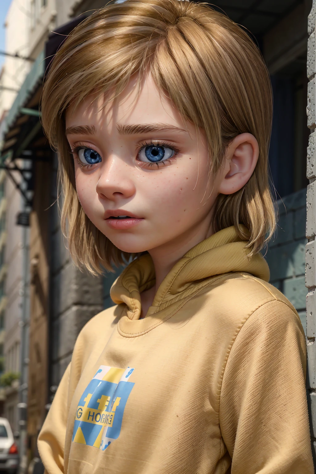 A stunning and intricate full color portrait in Ultra-HD, 12 year old girl, detailed face, short blonde hair, blue eyes, wearing a yellow sweatshirt, epic character composition, alessio albi, nina masic, sharp focus, lighting natural, subsurface dispersion, f2, 35mm naked