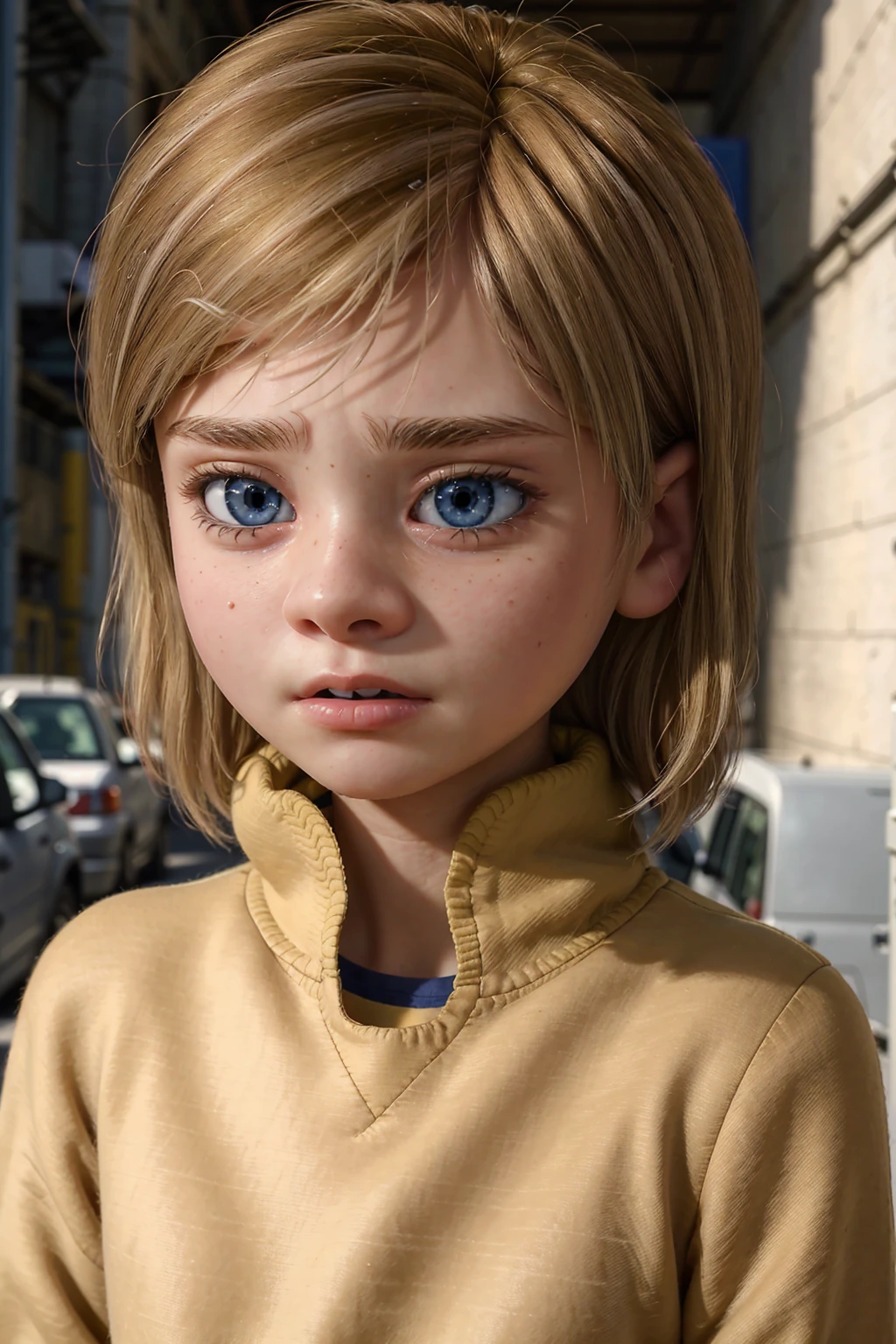 A stunning and intricate full color portrait in Ultra-HD, 12 year old girl, detailed face, short blonde hair, blue eyes, wearing a yellow sweatshirt, epic character composition, alessio albi, nina masic, sharp focus, lighting natural, subsurface dispersion, f2, 35mm naked