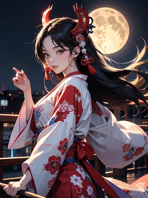 (Highest quality、masterpiece、High resolution、8K)、Vibrant colors、Japanese Nebuta Festival、Digital Art、City of night、full moon、A Midsummer Night&#39;s Dream、Beautiful yukata、