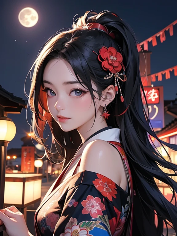 (Highest quality、masterpiece、High resolution、8K)、Vibrant colors、Japanese Nebuta Festival、Digital Art、City of night、full moon、A Midsummer Night&#39;s Dream、Beautiful yukata、