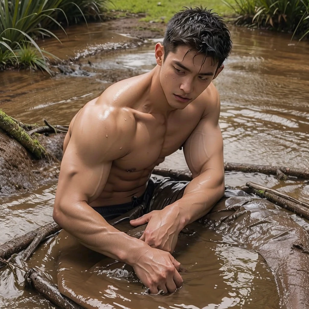 photorealistic,shirtless muscular man, wet body for highlights , half body in mud pit, struggling posture,