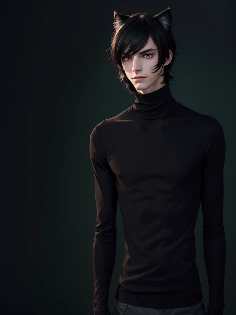 (best quality), 1boy, male, pale skin, black hair, medium hair, curtain hair, tousled hair, green eyes, perfect eyes, dark circles under eyes, tall, slender, handsome, strong jawline, lazy, light smile, attractive, (cat ears), turtleneck sweater, masterpiece, anatomically correct, highres
