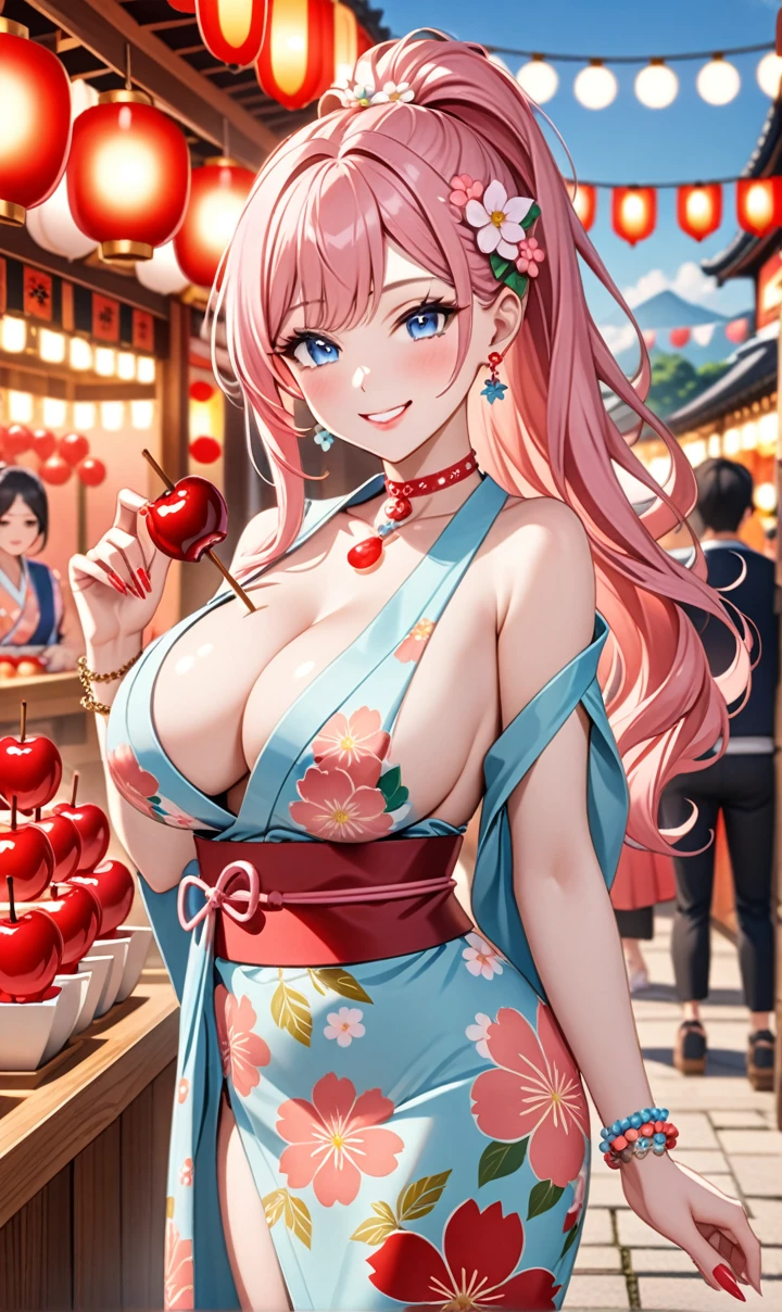 ultra-detailed, ((one girl)), (pale skin:1.4), in pastel colors gyaru, (heavy makeup), (professional lighting) hyper detailed, absurdres, 8K, Beautiful Face, (Laugh shyly), ((teasing smile:1.8)), ((Wink:1.7)), (Laugh with your mouth wide open),((Tilt your face:1.6)), View your viewers, ((Bright red cheeks:1.6)),Glossy Red Lips, ((Big Breasts:1.6)), ((undressing:1.2)), noon, Shrine festival stalls, ((eat candied apple stick)), ((Anime style background)),masterpiece, Highest quality, so beautiful,Latest, Complex details, (Pink long nails), (nail art), (ring),(bracelet), (Floral Choker),AI-generated, Complex,High resolution, Highest quality, super high quality,3D Images、3D Images,One person,Pastel pink long hair,(High Ponytail), (wavy hair:1.3), Pastel anime woman posing for a photo, ((Fine grain、blue eyes、glowing eyes:1.4)), (Squint your eyes:1.1),a hyperRealistic , hyperRealistic , Realistic,Anime woman with long pastel pink hair, Smooth anime CG art, A girl in a gorgeous pastel-colored kimono, ((Pastel-colored furisode)),(Pink large floral pattern), (sideboob), Long flower hair ornament,Floral Earrings, Mature Body, tall,Narrow waist,((from side)), ((leaning forward:1.2)),