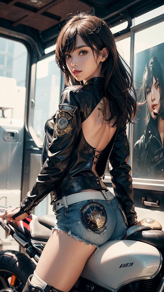 1girl in, Glamorous beauty、Focus on the hips、Cool pose、Looking at the camera、Riders Jacket| (Metal decoration、Large emblem on the back), Too short shorts │ leather、Exposing your feet、Rider Boots、American Highway、masutepiece、top-quality、Reflector、profetional lighting、Motorcycle magazine cover style photo