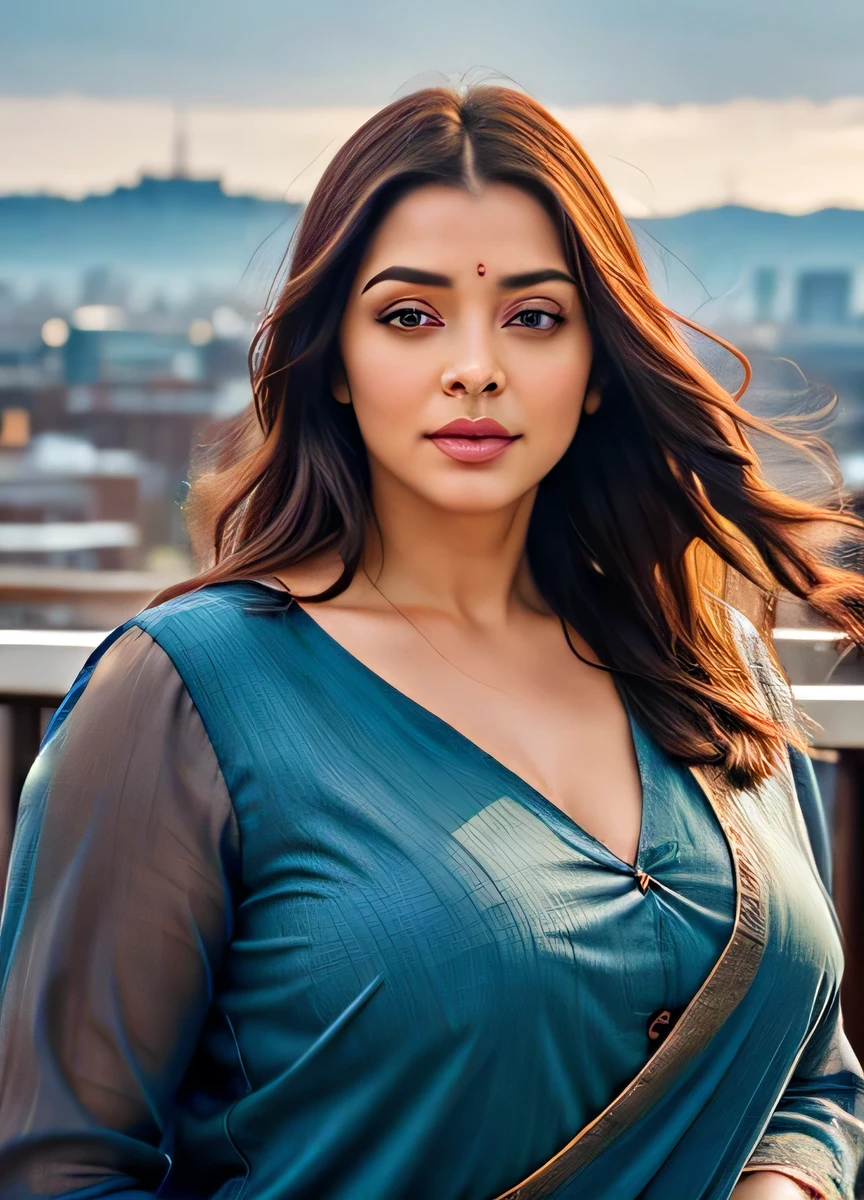cowboy shot scenic professional photograph of RAW photo, photorealistic, [:intricate details:0.3], best quality, photo of beautiful Aishwarya Rai Bachchan Indian actress 45y old woman, with brown hair, detailed skin, (like a plus size:1.1), (beautiful round shape breasts:1.1), (big ass:1.1), ( white, red, blue, color saree with blouse), 1girl, graceful body structure, from front, looking at viewer, cowboy shot, in outdoor London town city, natural color, perfect viewpoint, highly detailed, wide-angle lens, hyper realistic, with dramatic sky, polarizing filter, natural lighting, vivid colors, everything in sharp focus, HDR, UHD, K Photorealistic, Hyperrealistic, Hyperdetailed, analog style, detailed skin, matte skin, soft lighting, subsurface scattering, realistic, heavy shadow, masterpiece, best quality, ultra realistic, 8k, golden ratio, Intricate, High Detail, film photography, soft focus