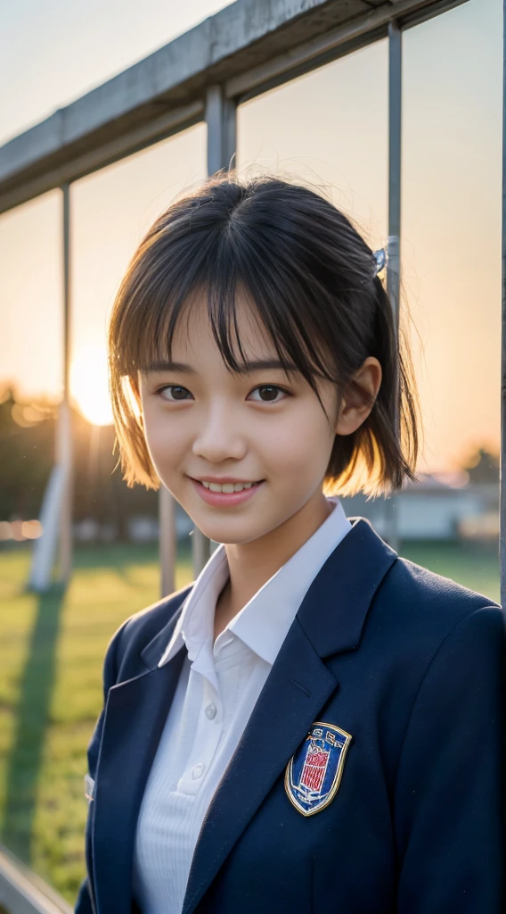 (highest quality,8K quality,masterpiece:1.3),(Super high resolution,Photoreal:1.4,Raw photo),(super detailed,caustics,detailed background),(ultra-realistic capture,Beautifully detailed skin,perfect anatomy),at dusk,sunset sky,school building,schoolyard,18-year-old,cute,single eyelid,black short bob,School Blazer Uniform,look at the camera,laughter,bust up shot,natural soft light