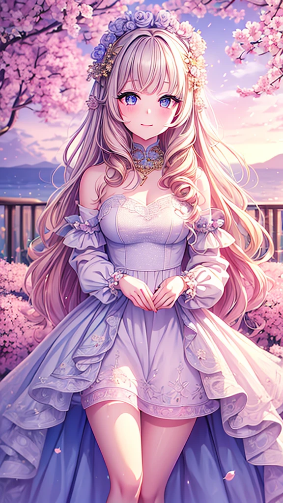 ((best quality)), ((masterpiece)), (detailed), une fille, visage parfait, Longhaire, ((golden hair)), curly hair, decorated cheveux, ultramarine blue eyes,(
a girl as beautiful as crystal, with long pink and curly hair, wearing a one-piece wedding dress, looking at the viewer and smiling, her eyes sparkling like dew drops and gold, set at a pink universe with falling cherry blossom leaves with crystals floating in the air
)