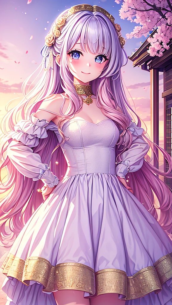 ((best quality)), ((masterpiece)), (detailed), une fille, visage parfait, Longhaire, ((golden hair)), curly hair, decorated cheveux, ultramarine blue eyes,(

a girl as beautiful as crystal, with long pink and curly hair, wearing a one-piece wedding dress, looking at the viewer and smiling, her eyes sparkling like dew drops and gold, set at a pink universe with falling cherry blossom leaves with crystals floating in the air 


)
