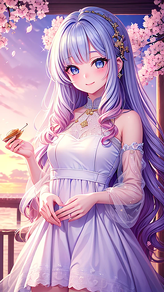 ((best quality)), ((masterpiece)), (detailed), une fille, visage parfait, Longhaire, ((golden hair)), curly hair, decorated cheveux, ultramarine blue eyes,(

a girl as beautiful as crystal, with long pink and curly hair, wearing a one-piece wedding dress, looking at the viewer and smiling, her eyes sparkling like dew drops and gold, set at a pink universe with falling cherry blossom leaves with crystals floating in the air 


)
