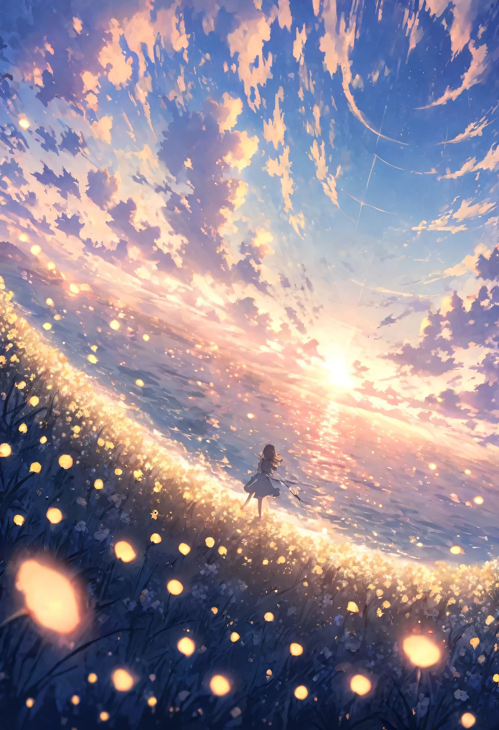 blue sky, White clouds floating in the distance, Standing on a sea of flowers, holding a fairy wand、There are fireflies flying around. The background is filled with cloud flowers of all sizes., Creates a dreamy, dreamy atmosphere with blue tones. High-definition anime style, High resolution. Panoramic view from above, Capturing the vastness of nature. Soft lighting creates a warm atmosphere.