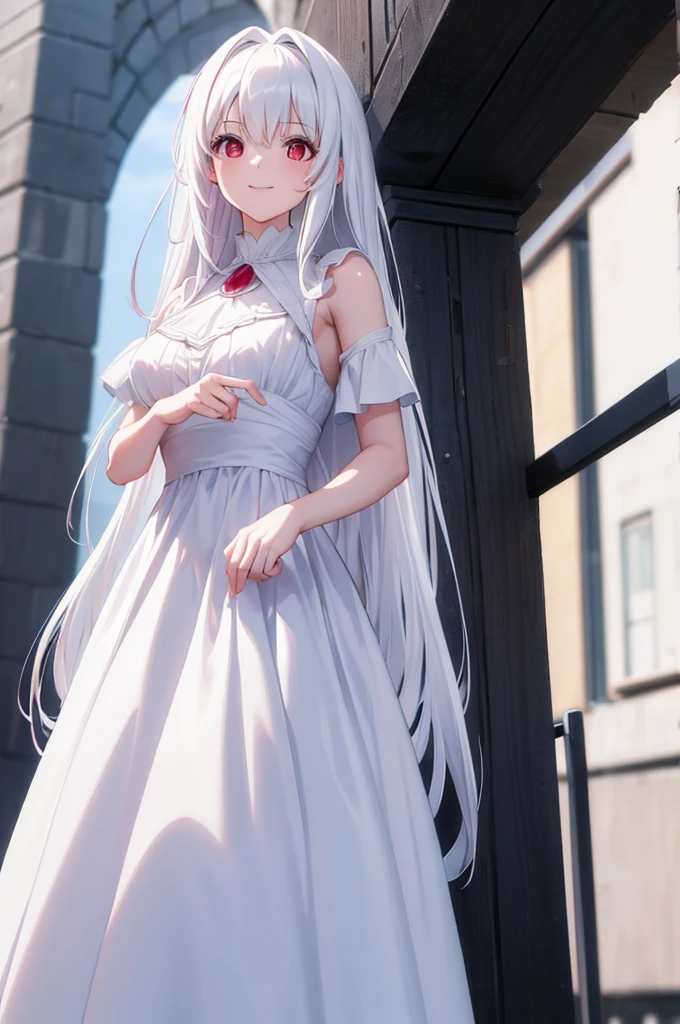 (masterpiece:1.3), (best quality:1.1), (8k, ultra detailed, ultra high res:1.2), ((anime style)), perfect 5 fingers, perfect anatomy,
1girl,
BREAK long hair, (white hair:1.2),
red eyes, dress, (Opalescent dress:1.4),
smile,
looking up, shoot from side,
upper body,
standing,
no background,