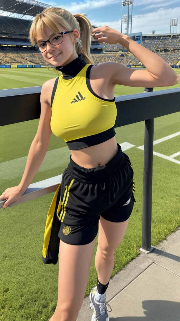 beautiful girl runner, , Prepare to practice running, Lean over to tie your shoelaces..........................., Blond hair, Ponytail, bangs, Smile a little..........................., Wear glasses, ((Wear a sleeveless sports bar..........................., turtleneck, black and yellow shorts, (underboob))), The abdomen has sexy lines..........................., yellow running shoes, in the stadium stands, anime, high-res