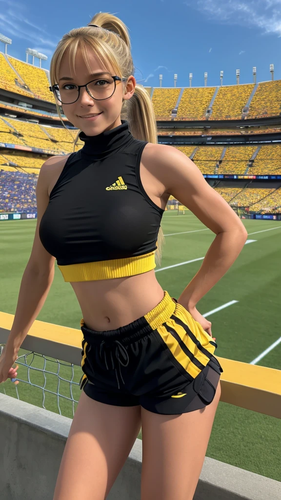 beautiful girl runner, , Prepare to practice running, Lean over to tie your shoelaces..........................., Blond hair, Ponytail, bangs, Smile a little..........................., Wear glasses, ((Wear a sleeveless sports bar..........................., turtleneck, black and yellow shorts, (underboob))), The abdomen has sexy lines..........................., yellow running shoes, in the stadium stands, anime, high-res
