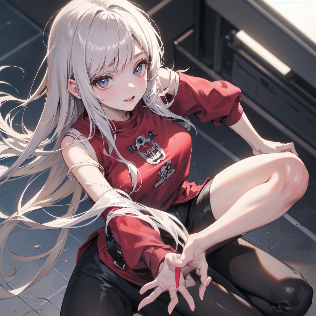 Outlook, Cute Smile, Strange Perspective, Red sweater,( change)Moderate, Separate Color,bs shoulder, Blushed,(Gray Hair), White Gloves,White boots,dirty,Torn clothes,Clothing that shows blood:1.3),, Tearing the cloak, tear pantyhose ,Cyberpunk Streetwear,in contrast,Cyberpunk Character Fashion,Wear high fashion clothes, , Bring your poster to life、impressive,Full Wear, Stylish,noon、From above、Observe your audience、Exquisite limbs、Elaborate eyes、Delicate fingers