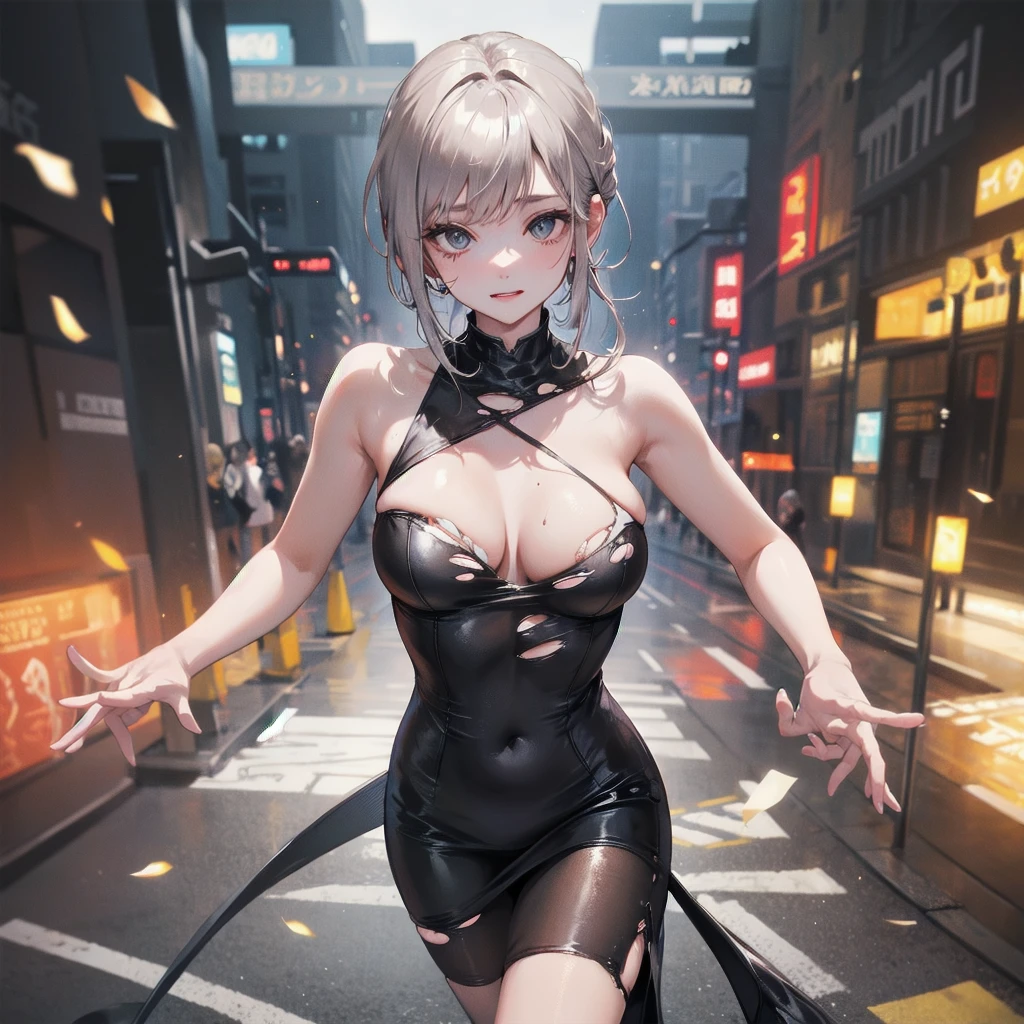 Outlook, Cute Smile, Strange Perspective, Red sweater,( change)Moderate, Separate Color,bs shoulder, Blushed,(Gray Hair), White Gloves,White boots,dirty,Torn clothes,Clothing that shows blood:1.3),, Tearing the cloak, tear pantyhose ,Cyberpunk Streetwear,in contrast,Cyberpunk Character Fashion,Wear high fashion clothes, , Bring your poster to life、impressive,Full Wear, Stylish,noon、From above、Observe your audience、Exquisite limbs、Elaborate eyes、Delicate fingers