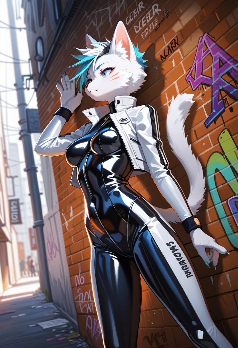 animation, Highest quality, Highest quality, High quality illustrations, masterpiece, Ultra-high resolution, Detailed Background, Alley, Graffiti art on the wall, Absurd, Perfect Anatomy, performance, Good lighting, Shadows in the movies(kemono, Furry PersonifiCation), Cat, White Rubber Suit, latex, neon, neonライト, neonカラー, Bodysuits, Cyber Suit, Leather Half Jacket, cyber punk, Leaning against the wall, Dynamic Angle