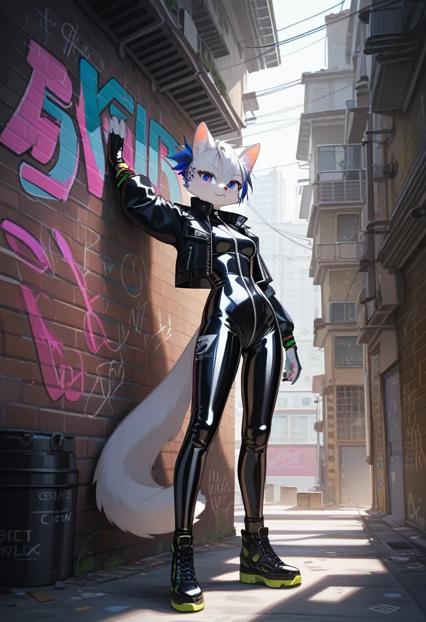 animation, Highest quality, Highest quality, High quality illustrations, masterpiece, Ultra-high resolution, Detailed Background, Alley, Graffiti art on the wall, Absurd, Perfect Anatomy, performance, Good lighting, Shadows in the movies(kemono, Furry PersonifiCation), Cat, White Rubber Suit, latex, neon, neonライト, neonカラー, Bodysuits, Cyber Suit, Leather Half Jacket, cyber punk, Leaning against the wall, Dynamic Angle