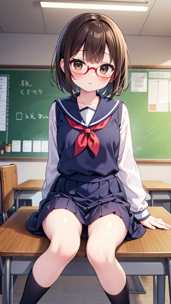 nichijo style、simple、Simple、mischief、Expectations、Shyness、Sit on a chair、School、classroom、Daytime、Cute girl , Steam rises around her, Shooting from below, One Girl, Brown Hair、Very short hair, Brown eyes、Red frame glasses、White blouse, Navy Blue Skirt, Navy blue socks, Brown Loafers, Thin legs、Small breasts, Highest quality, 4K, 8K, High resolution, masterpiece:1.2, Very detailed, Realistic, photoRealistic, photo-Realistic:1.37, High resolution, 超High resolution, Studio Lighting, Ultra-fine painting, Sharp focus, Physically Based Rendering, Very detailed説明, Professional, Vibrant colors, Bokeh