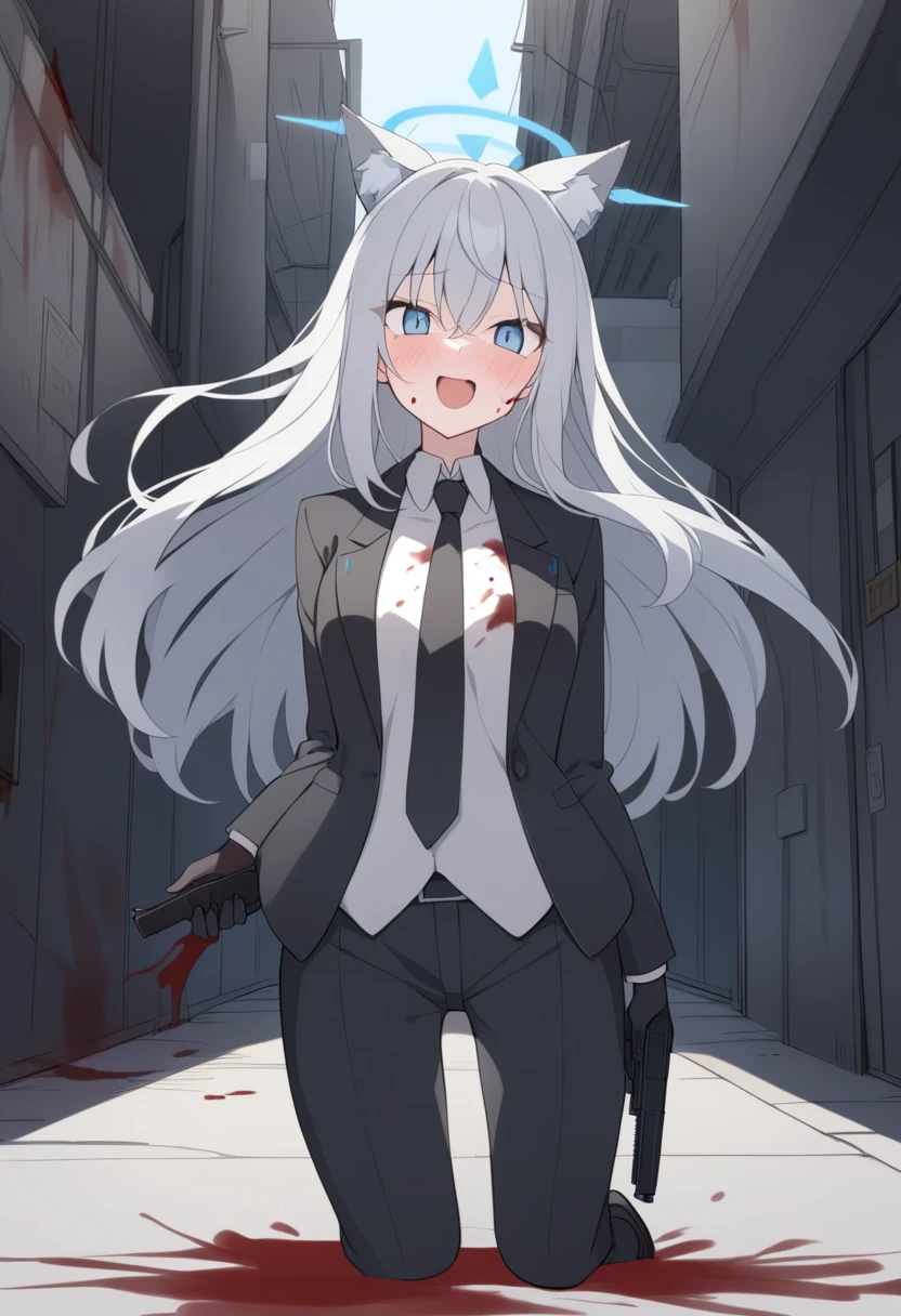 girl,Silver long hair, blue eyes, Wearing a black suit,Black gloves, and black pants, uninhabited alley,Crazy Laugh, blue halo,Black Hat,Gray wolf ears,Black Tie,With a pistol,Blood on the body,Yandere