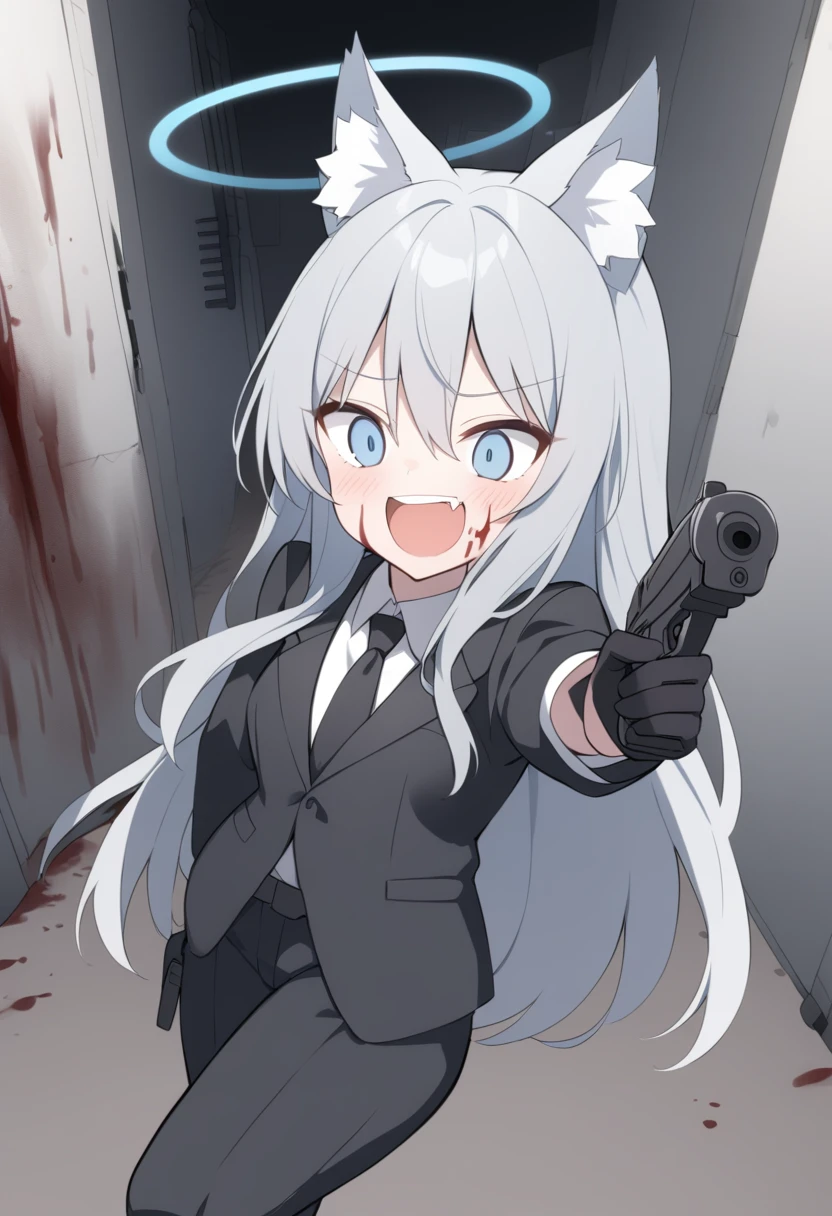 girl,Silver long hair, blue eyes, Wearing a black suit,Black gloves, and black pants, uninhabited alley,Crazy Laugh, blue halo,Black Hat,Gray wolf ears,Black Tie,With a pistol,Blood on the body,Yandere