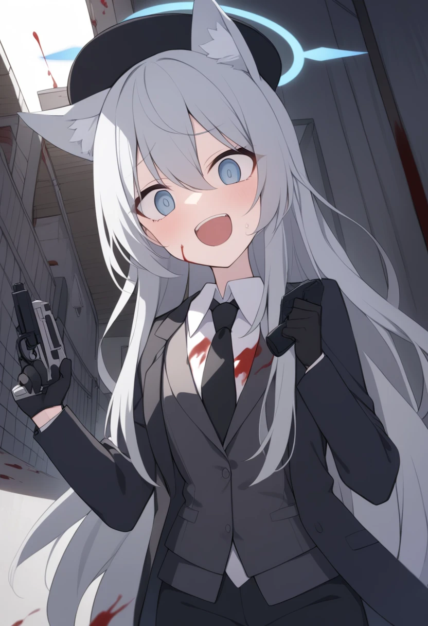 girl,Silver long hair, blue eyes, Wearing a black suit,Black gloves, and black pants, uninhabited alley,Crazy Laugh, blue halo,Black Hat,Gray wolf ears,Black Tie,With a pistol,Blood on the body,Yandere
