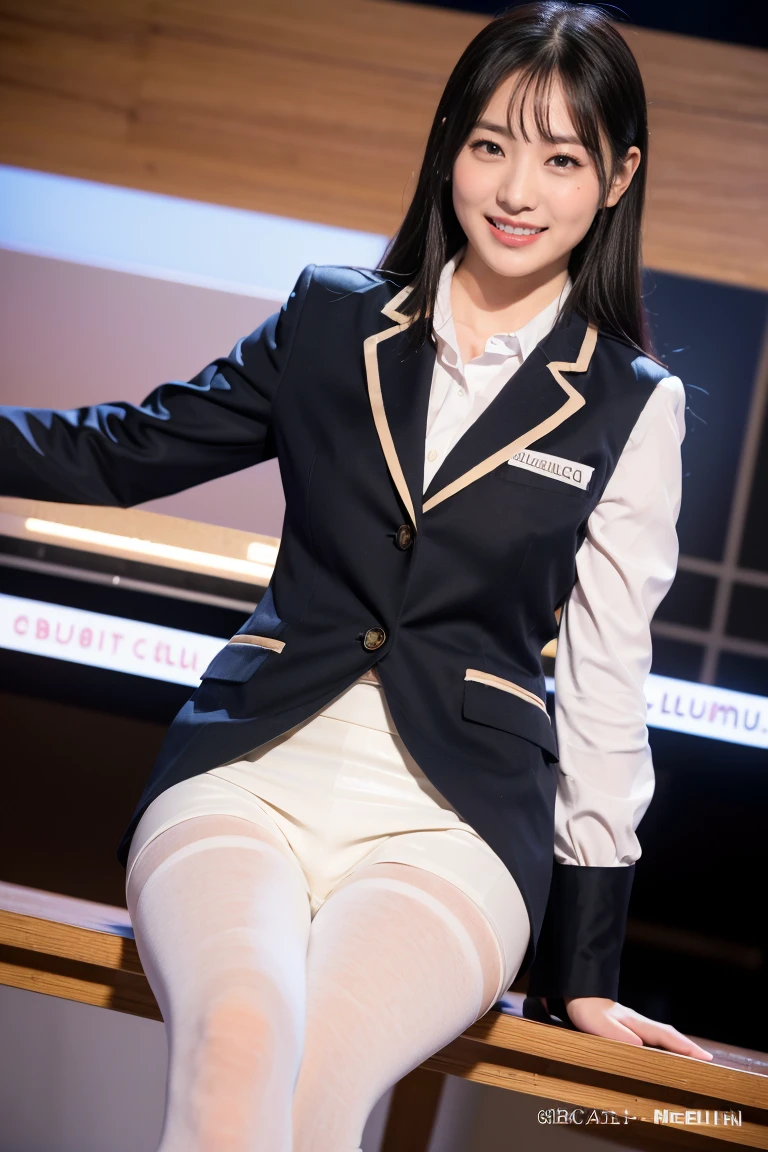 (8K), (highest quality: 1.2), (Realistic), (Realistic: 1.37), Ultra-high resolution, 1 girl, cute, (Embarrassed smile:1.2), (Blushing:1.4),Mouth closed,(赤いリップ:1.3), Beautiful details, Beautiful Nose, (black straight Hair:1.2), giant dulcefo, pork, Thighs,Navel exposed,University Student Uniform,(カルバン・クラインのグレーのスポーツブラ:1.4),A simple blazer,tight skirt,Platform boots,Dancing on the school stage,(Shiny Thighs:1.2),(white pantyhose:1.4),Medium Shot