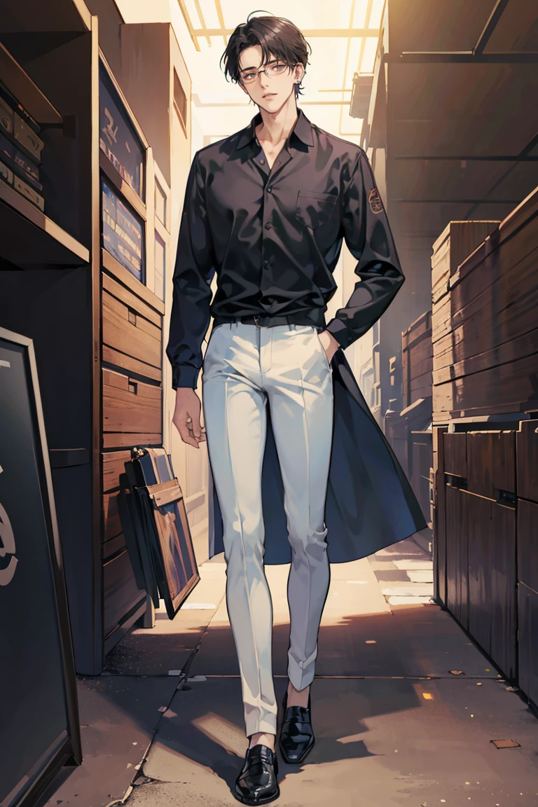 anime - (masterpiece), best quality, seductive eyes, perfect face, handsome man, brown eyes, long slicked back black hair, long nose, tan brown skin, white collar, light blue long sleeve shirt, black fitted pants, silver watch, square glasses, extremely tall man, long legs, long calves, full body, tall man, long legs, anime cover, 1boy, ear piercings, hands in pockets, adult-like look, in the background it's like a studio where you can see a guitar and drums, he's wearing black headphones