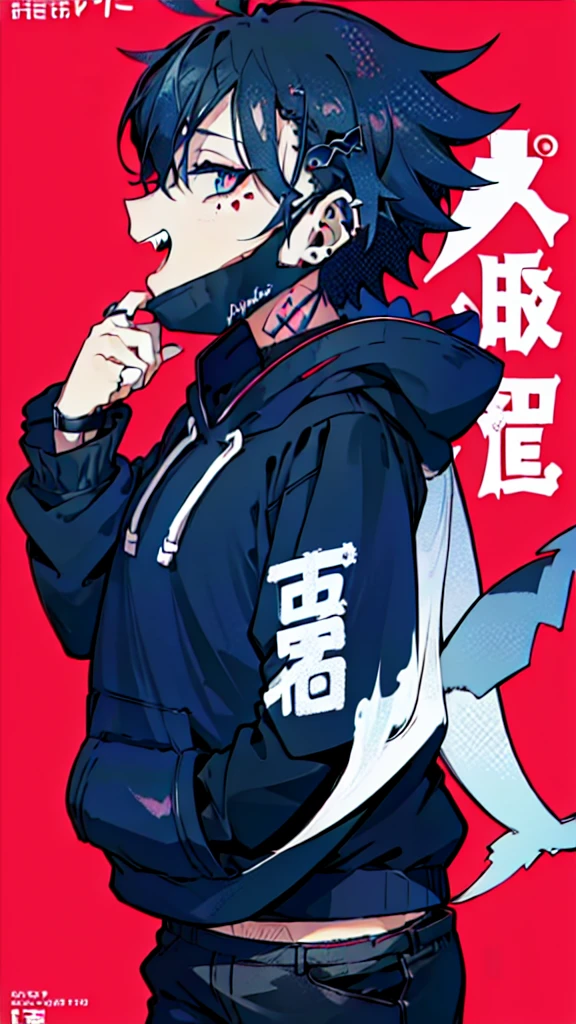 (1boy), (Wearing a blue shark tail hoodie), (Boy Messy Japanese Round Haircut for Thick Hair), (blue nails), (blue hair), black shorts, ((solo)), (magazine:1.3), (cover-style:1.3),  simple background, watch, mouth mask, wristwatch, stud earrings, vampire, halftone, mask pull, jirai kei, fangs, score_9, score_8_up, score_7_up, best quality, masterpiece, 4k, perfect lighting, very aesthetic, GOTH GIRL, (red pupils with X shape:1), x-shaped pupils, Ultra-detail,(highres:1.1),best quality,(masterpiece:1.2), cinematic lighting, (detailed face and eyes:1.2), 