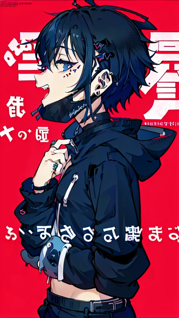 (1boy), (Wearing a blue shark tail hoodie), (Boy Messy Japanese Round Haircut for Thick Hair), (blue nails), (blue hair), black shorts, ((solo)), (magazine:1.3), (cover-style:1.3),  simple background, watch, mouth mask, wristwatch, stud earrings, vampire, halftone, mask pull, jirai kei, fangs, score_9, score_8_up, score_7_up, best quality, masterpiece, 4k, perfect lighting, very aesthetic, GOTH GIRL, (red pupils with X shape:1), x-shaped pupils, Ultra-detail,(highres:1.1),best quality,(masterpiece:1.2), cinematic lighting, (detailed face and eyes:1.2), 