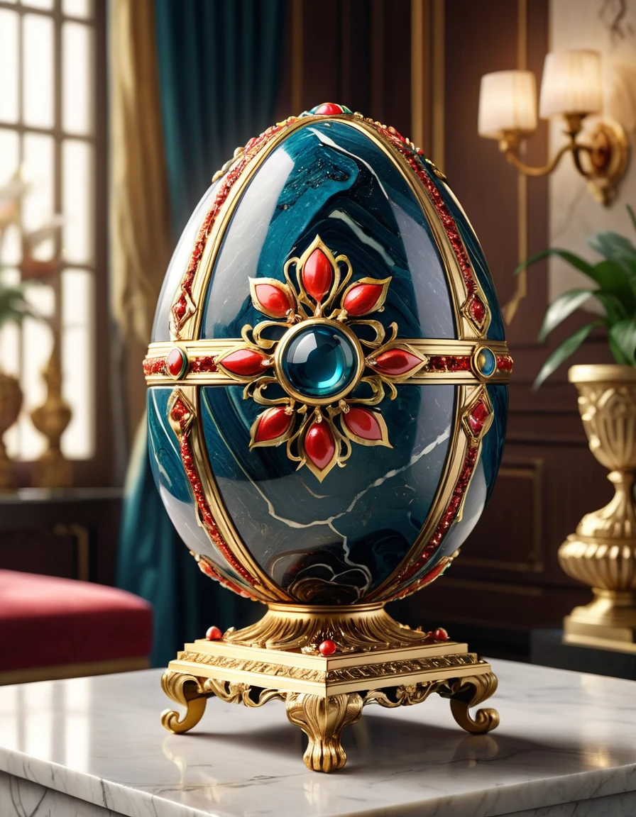 An eliptical object (Faberge Egg, mix of Memory of Azov and Rosebud) with a highly detailed and intricate surface. The object is made of materials that resemble jewelry, marble or a similar type of stone and gemstone, with a variety of vibrant colors and patterns that include shades of red, orange, yellow and white, decorated in gold. The patterns are reminiscent of natural gemstones and marble, with swirling and striated patterns that give the object a luxurious and opulent look.The object is placed on a pedestal that has a decorative base, a rare piece of art. The pedestal made in ebony wood has a rich, dark color pattern. Soft and diffused lighting, highlighting the textures and colors of the object without creating harsh shadows. Luxurious living rooms in the background, sharp focus.Overall, the image presents a beautifully crafted piece that combines the natural beauty of jewelry and marble with the elegance of a luxury decorative object. Hyper-maximalist, raw photography, ultra-detailed photorealistic textures, artistic bokeh, featured on pixiv, cinematic composition, dynamic pose, beautiful lighting, sharp, details, hyper-detailed, Sony/Zeiss 90mm,f2.8,shutter speed of 1/500s,WLOP,HDR,8k,vray