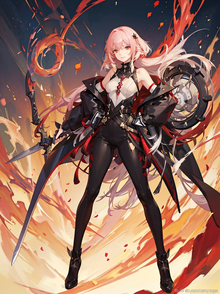 Generated based on the following detailed conditions。
1. **Hair color and style**:
- Bright pink hair。
- Short bangs、Cut to cover the upper part of the face。
- Straight hair at the back, shoulder-length、It has a natural movement。
2. **age**:
- キャラクターのageは30歳前後で、Has a mature adult vibe、自信に満ちたexpression。
3. **Costume**:
- Stylish design based on black and red。
- Tight fitting black jacket with red lines、Decorated with white。
- Red shirt with white accents、Black pants with red patch、Black boots with red lines。
4. **arms**:
- Unique red and silver design of the sword。
- The handle of the sword is red、Decorated with silver、The blade is silver and shiny.。
5. **expression**:
- Confident、A little challenging。
- With a smile、With sharp eyes, staring ahead。
6. **Pause**:
- Stand strong、戦闘準備が整っているPause。
- Hold the sword with your right hand、Left hand on hip、Stand in a stable position with your feet shoulder-width apart。
7. **whole body**:
- 頭から足先までwhole bodyが写っているイラスト。
- Composition that takes into account the overall balance。
8. **gloves**:
- 黒いglovesを着用し、Designed for fit and ease of movement。