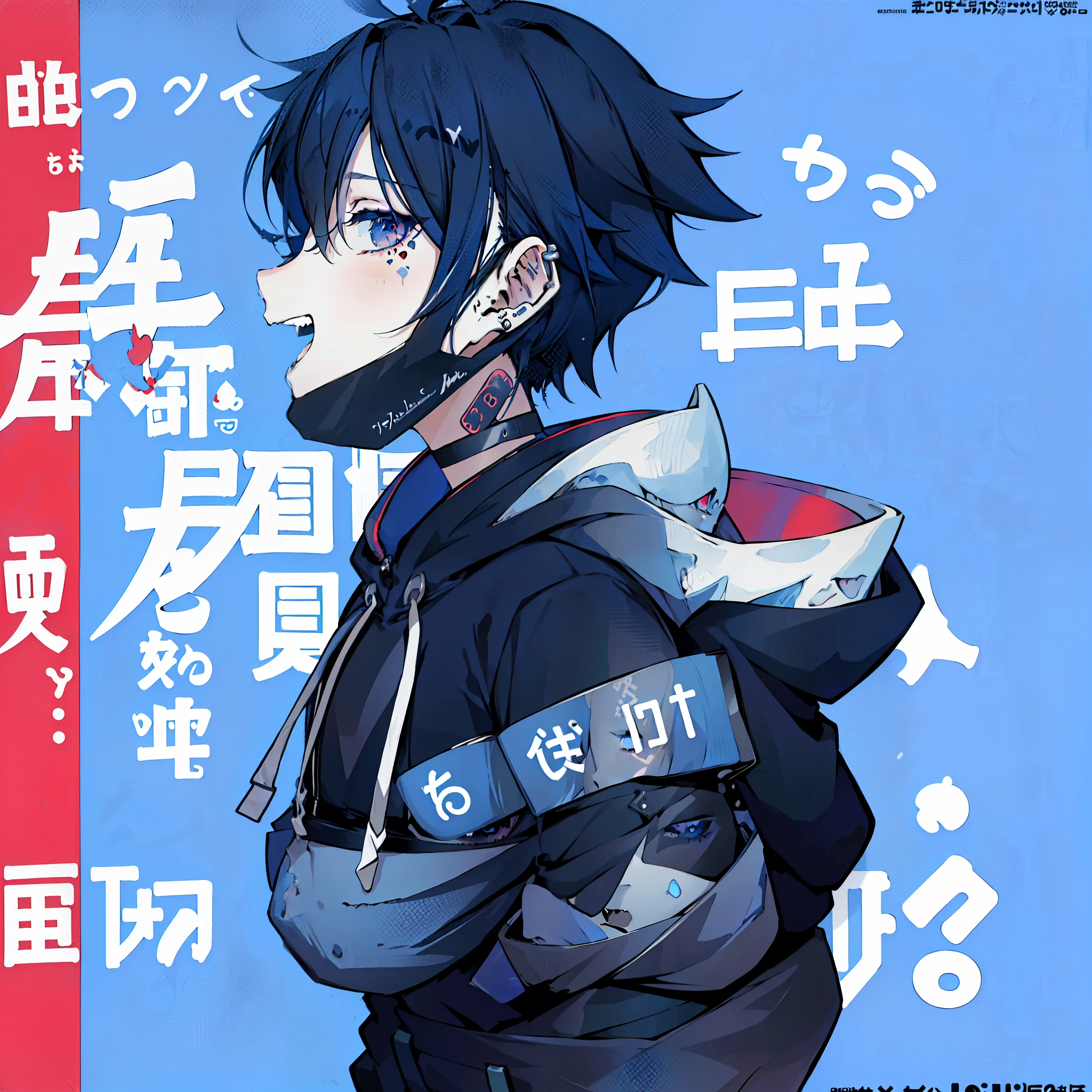 (1boy), (Wearing a blue shark tail hoodie), (Boy Messy Japanese Round Haircut for Thick Hair), (blue nails), (blue hair), black shorts, ((solo)), (magazine:1.3), (cover-style:1.3), simple background, watch, mouth mask, wristwatch, stud earrings, vampire, halftone, mask pull, jirai kei, fangs, score_9, score_8_up, score_7_up, best quality, masterpiece, 4k, perfect lighting, very aesthetic, GOTH GIRL, (red pupils with X shape:1), x-shaped pupils, Ultra-detail,(highres:1.1),best quality,(masterpiece:1.2), cinematic lighting, (detailed face and eyes:1.2),